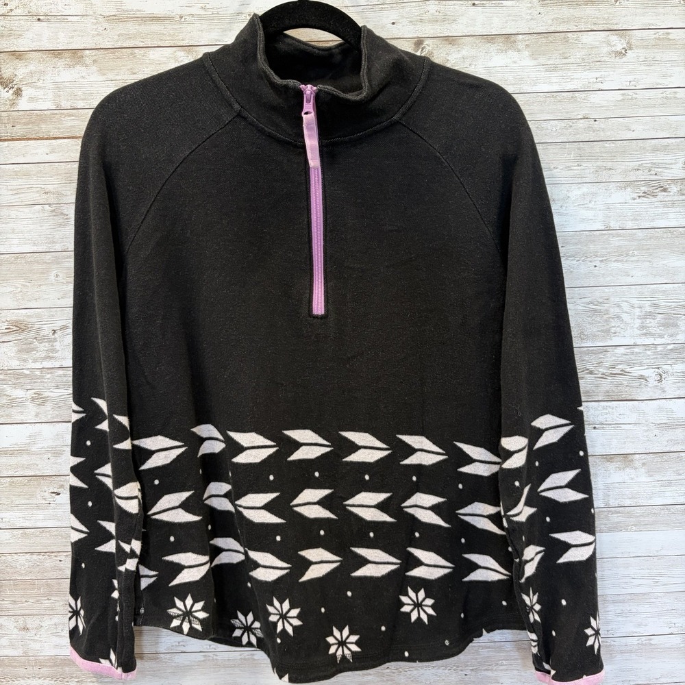 Talbots Womens M Raglan Pullover 1/2 Zip Black Geo Jacquard Lavdr Trim Fair Isle
